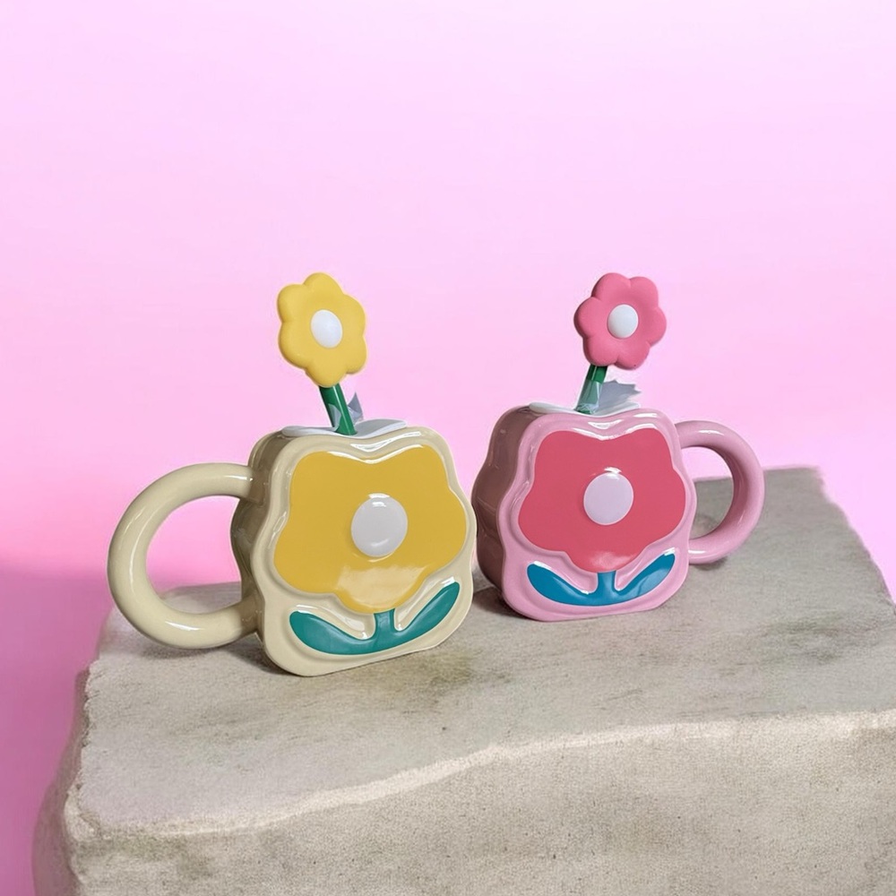 Ceramic Flower Mug 3pc Set-matching straw and straw topper Duo-New